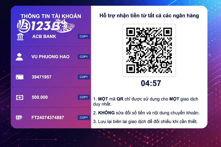 Thông tin giao dịch 123B nạp tiền bằng tài khoản ngân hàng