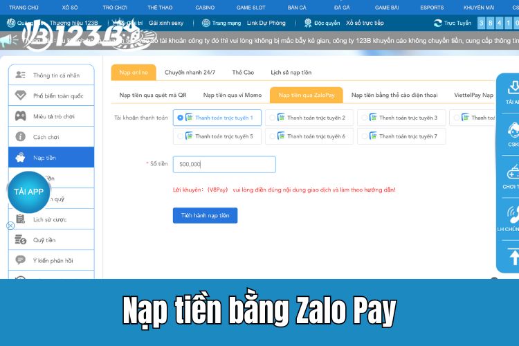 123B nạp tiền bằng Zalo Pay